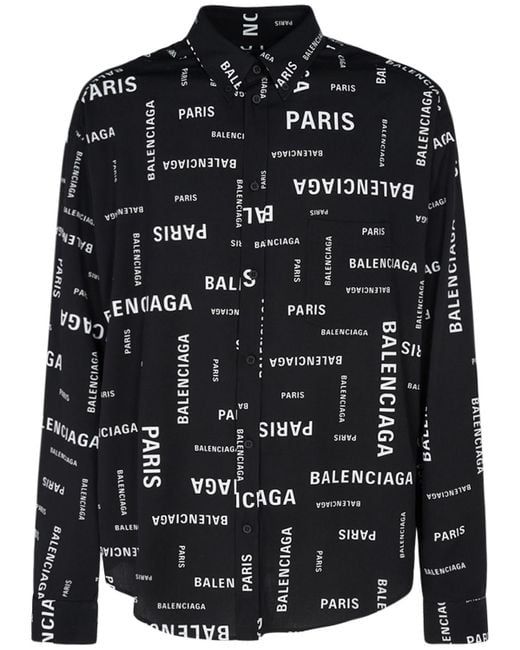 Balenciaga Black Paris Allover Viscose Poplin Shirt for men