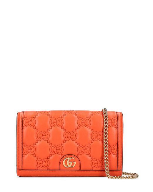 Gucci Orange Leder-brieftasche Mit Kette "gg"