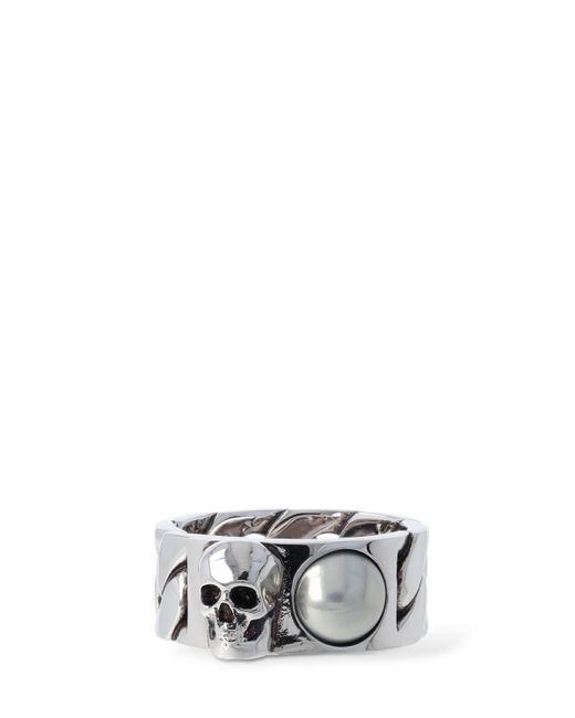 Alexander McQueen White Skull & Pearl Brass Ring for men