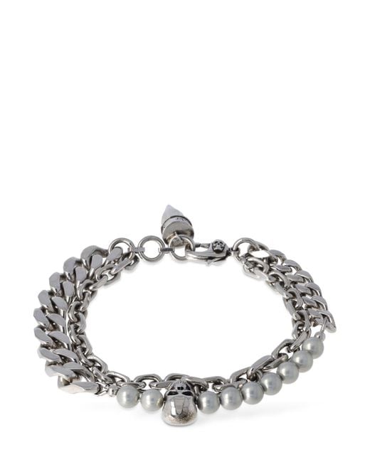 Alexander McQueen Metallic Skull & Pearl Brass Bracelet for men
