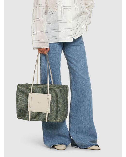 DeMellier London Green Capri Raffia & Leather Tote Bag