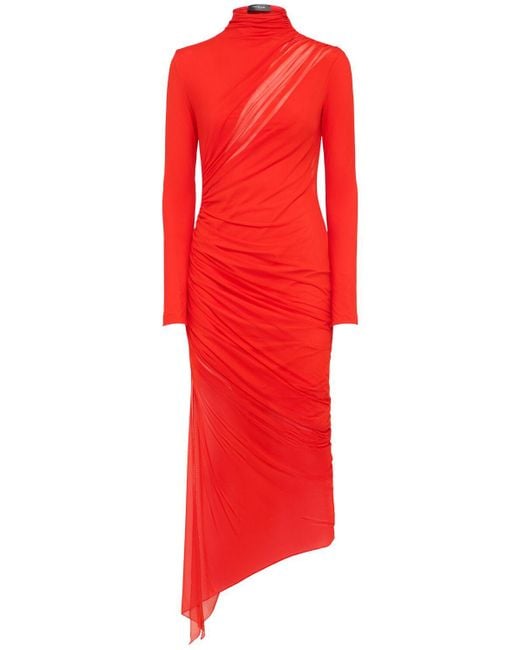 Mugler Red Mesh Long Sleeved Midi Dress