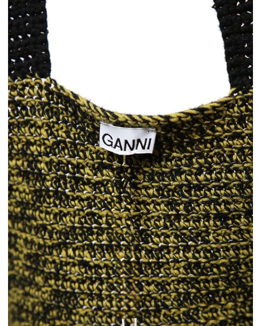 Ganni Green Cotton Crochet Ruffled Tote Bag