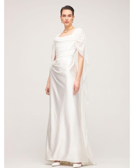 One Side Off-Shoulder Satin Gown in White - Retro, Indie and Unique Fashion