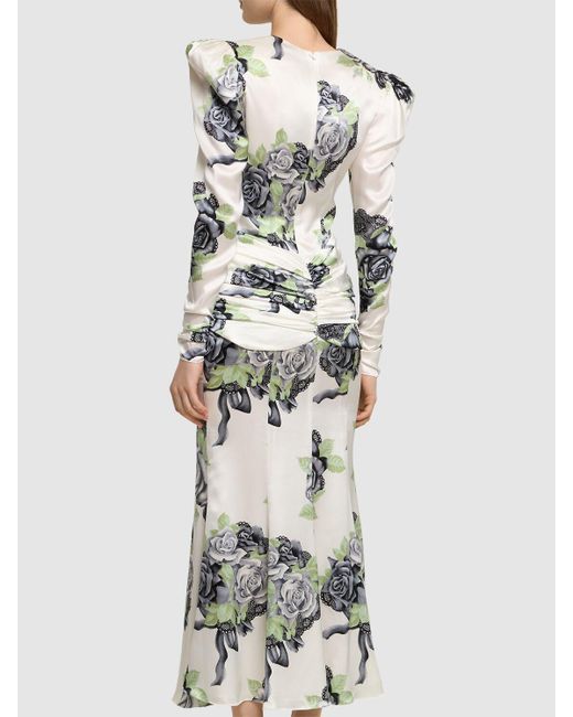 Alessandra Rich Gray Rose Print Silk Satin Dress W/ Bow