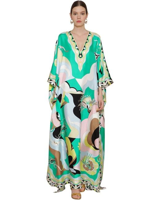 Emilio Pucci Green Printed Silk Twill Caftan Dress