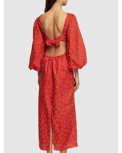 Johanna Ortiz Red Printed Linen Fla Sleeve Midi Dress