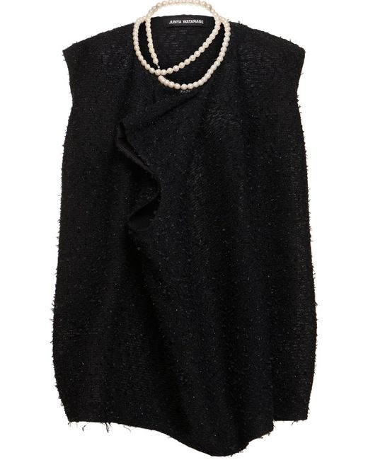 Junya Watanabe Black Cotton Blend Tweed Top W/faux Pearls