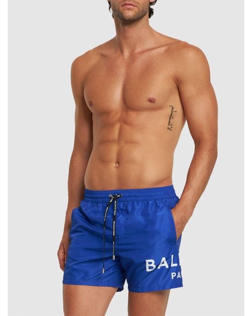 Balmain Blue Logo Printed Stretch Nylon Swim Shorts for men