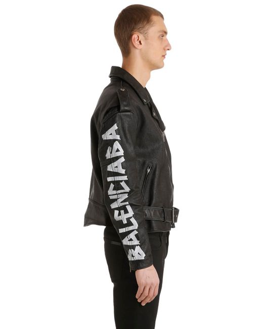 Balenciaga Black Painted Effect Leather Biker Jacket for men