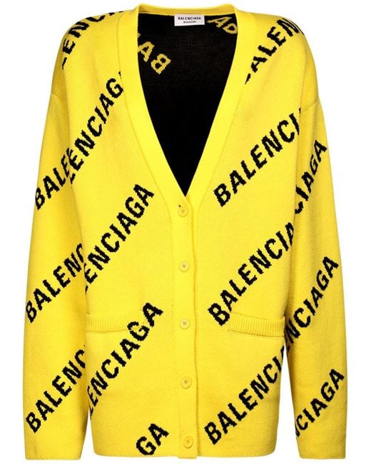 Balenciaga Yellow Logo Cotton Blend Knit V Neck Cardigan