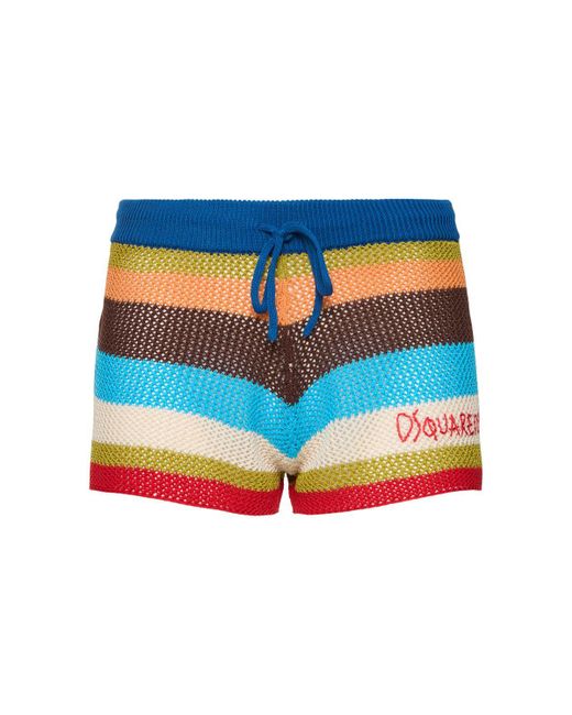 DSquared² Blue Striped Knit Cotton Low Waist Shorts