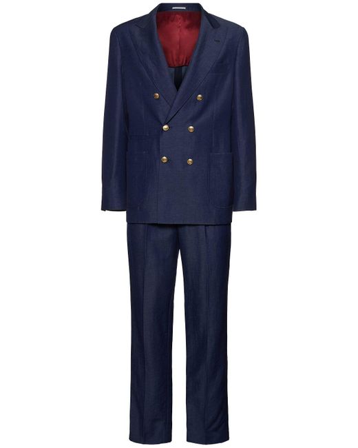 Brunello Cucinelli Blue Wool & Linen Effect Suit for men