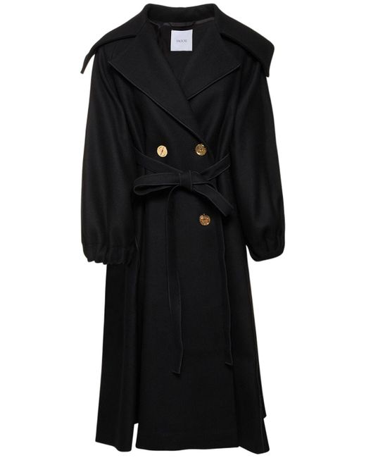 Patou Black Wool Belted Double Breasted Trench Coat