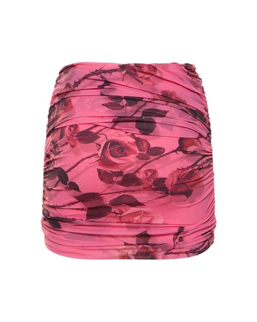 Blumarine Pink Rose Printed Draped Jersey Mini Skirt