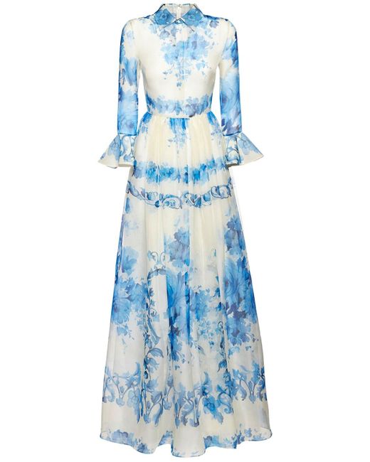 Valentino Blue Ceramic Printed Silk Organza Long Dress