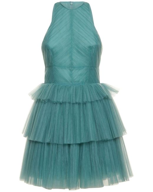 Costarellos Blue Tulle Plisse Layered Mini Dress