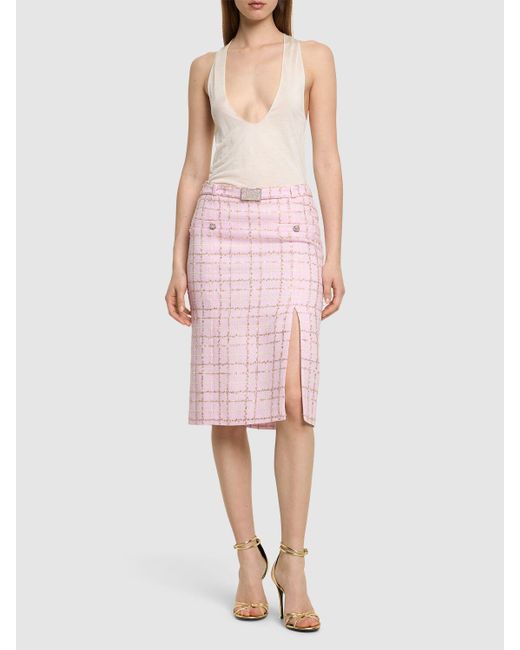 Alessandra Rich Pink Sequined Checked Tweed Low Waist Skirt