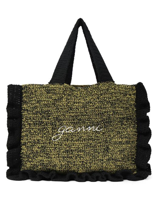 Ganni Green Cotton Crochet Ruffled Tote Bag