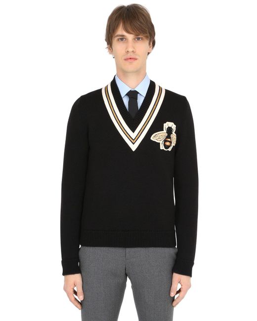Gucci Blue Bee Patch Wool Knit Sweater for men