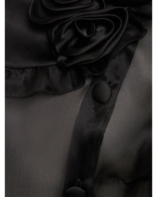 Alessandra Rich Black Silk Organza Blouse W/ Rose Appliqués