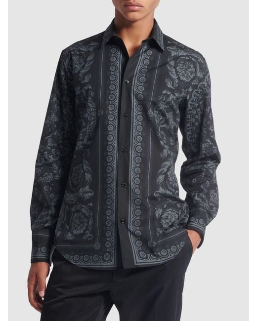 Versace Gray Barocco Printed Cotton Poplin Shirt for men