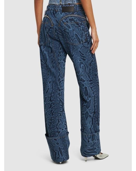 Jeans vita alta snake in denim con zip di Mugler in Blue