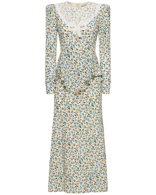 Alessandra Rich Green Printed Draped Silk Long Dress W/ Lace