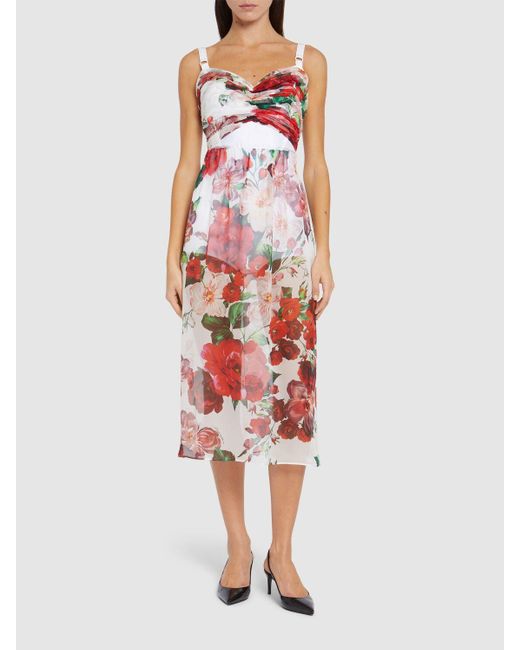Dolce & Gabbana Red Flower Print Chiffon Midi Skirt