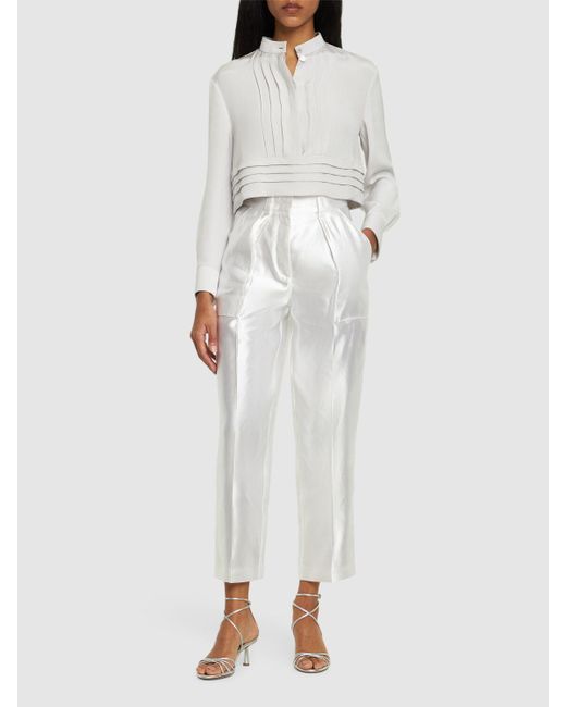 Pantalon droit en lin et soie taille haute Giorgio Armani en coloris White