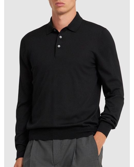 Tagliatore Black Pablo Silk & Cotton Long Sleeved Polo for men