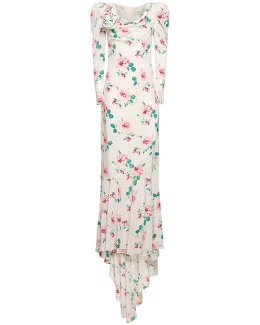 Alessandra Rich White Rose Printed Silk Maxi Dress W/ Appliqué