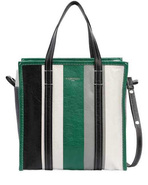 Balenciaga Green Small Bazar Striped Leather Tote Bag
