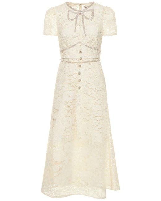 Self-Portrait Natural Midi Dress In Floral Lace With Crystal Bow