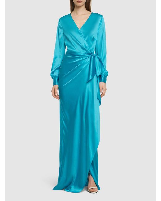 Ralph Lauren Collection Blue Saundra Silk Satin Long Wrap Dress