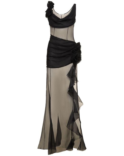 Alessandra Rich Black Silk Organza Sheer Evening Dress