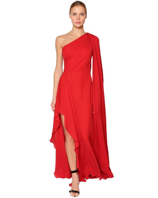 Elie Saab Red Long One-shoulder Silk Crepe Dress