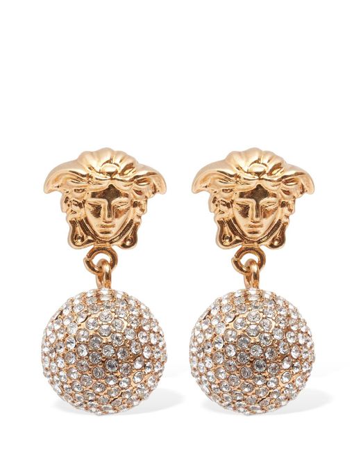 Versace Metallic Logo Crystal Pendant Earrings