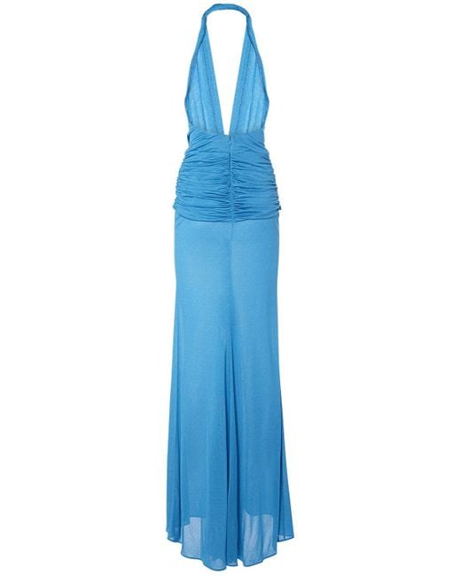 Blumarine Blue Draped Viscose Long Halter Dress