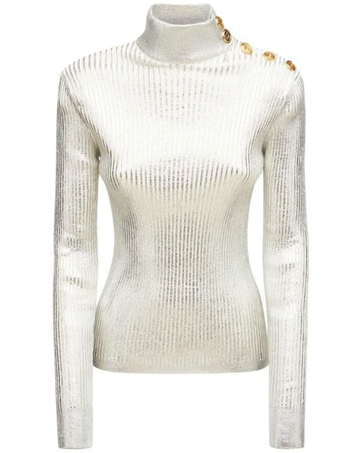 Balmain White Wool Blend Knit Metallic Coated Sweater