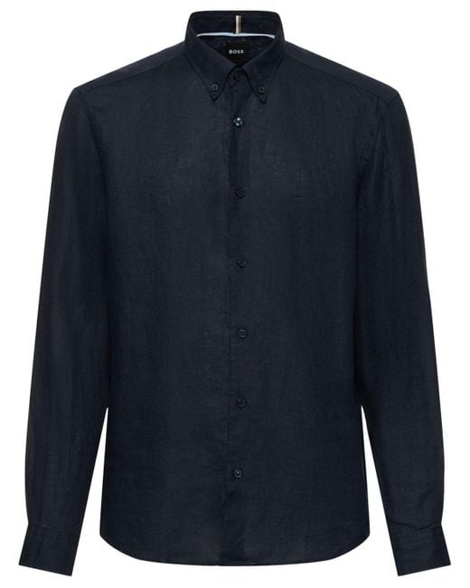 Boss Blue Liam Linen Button Down Shirt for men