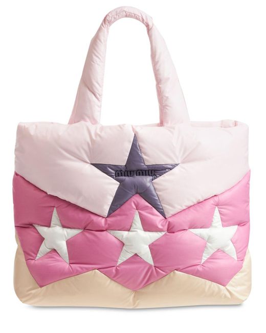 Miu Miu Pink Star Quilted Nylon Puffer Tote Bag