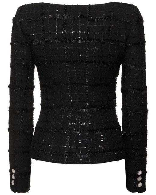 Alessandra Rich Black Sequined Checked Tweed Round Neck Jacket
