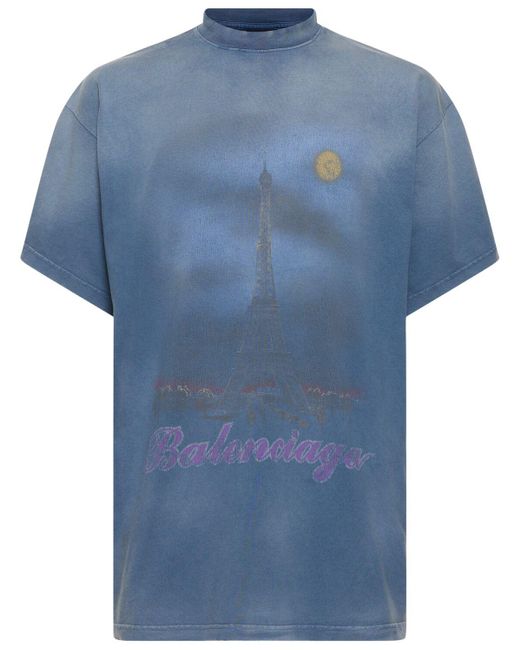 Balenciaga Blue New Paris Moon Vintage Cotton T-Shirt for men