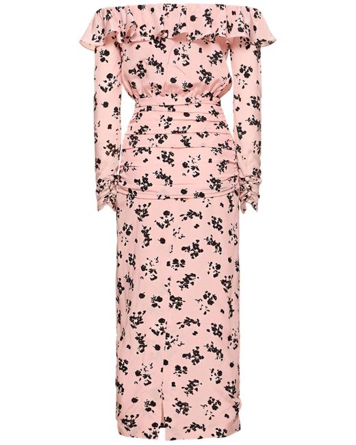 Robe mi-longue en soie imprimée à col bardot Alessandra Rich en coloris Pink