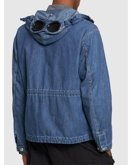 C P Company Blue Denim Hooded goggle Jacket for men