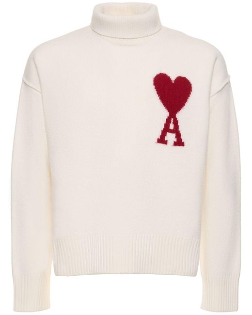 AMI White Wool Funnel Neck Sweater for men