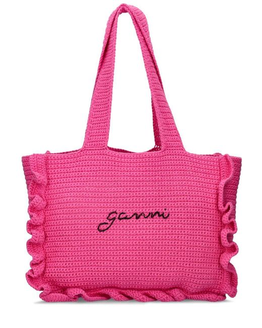 Ganni Pink Cotton Crochet Ruffle Tote Bag