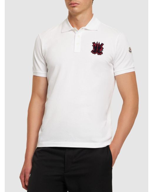 Moncler White Logo Cotton Piquet Polo Shirt for men