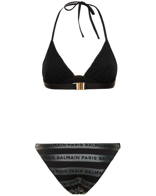Bikini a triangolo a righe glitter con logo di Balmain in Black